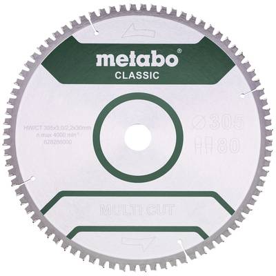 Kotúč píly s nápisom 'metabo CLASSIC' a 'MULTI CUT'. Priemer 305 mm, maximálne 4000 otáčok/min, vhodný pre opracovanie dreva a plastov.
