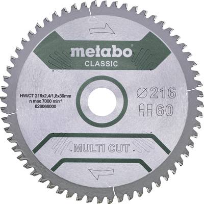 Kotúč pílový s 40 zubami, priemer 216 mm. Nápis 'Metabo Classic, Multi Cut, HW/CT 216x2,4/1,8x30mm, max 7000 min^-1'.