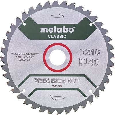 Pílový list s nápisom 'metabo Classic'. Priemer 216 mm, 40 zubov, na drevo. Maximálne 7000 ot./min. Číslo modelu 628060000.