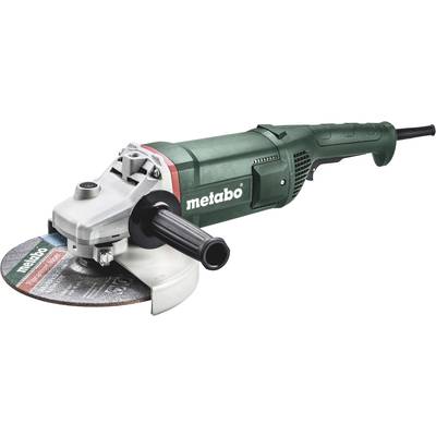 Zelená uhlová brúska od Metabo s čiernou rukoväťou a kotúčom. Názov značky je viditeľný na kryte.