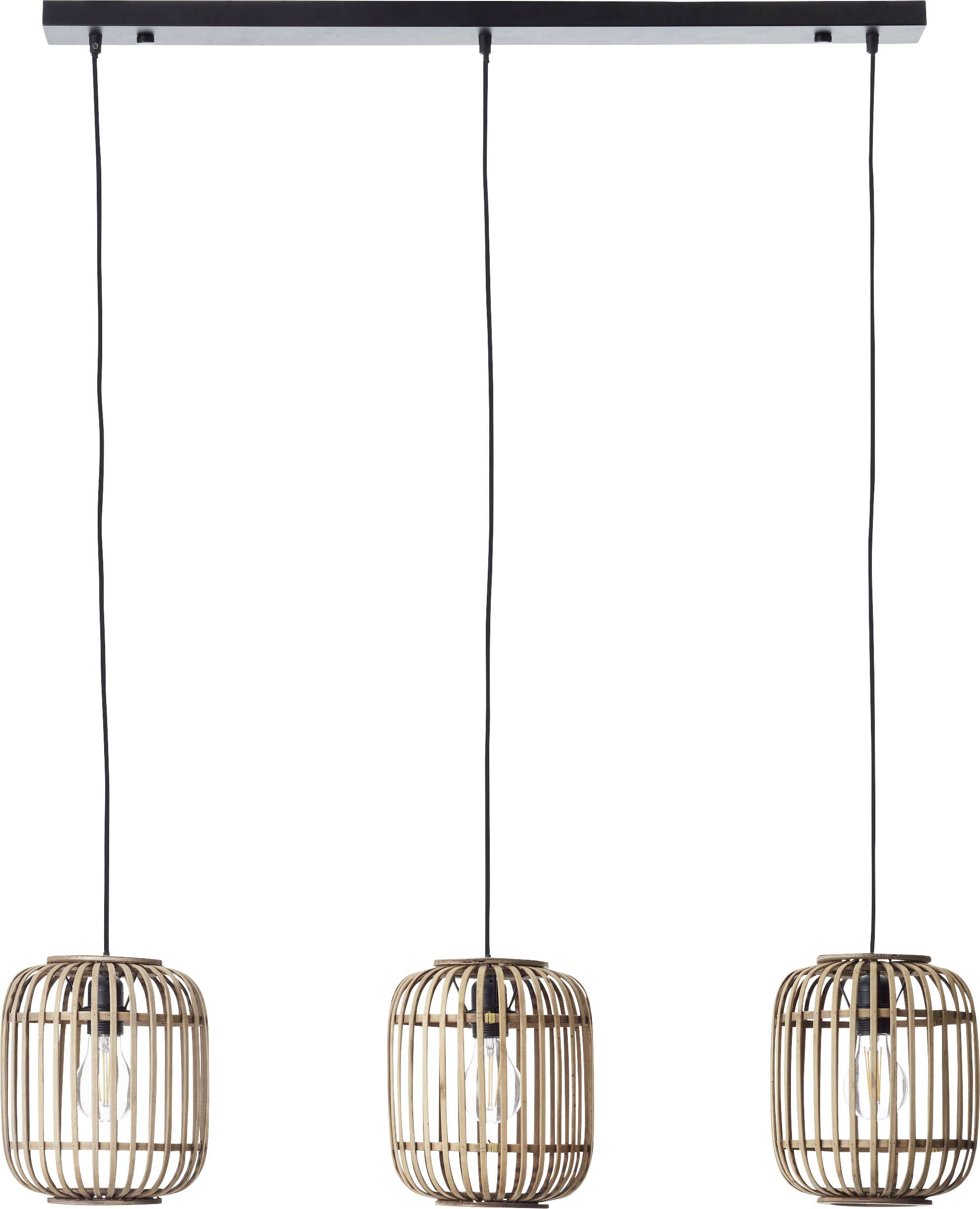 Trojramenná závesná lampa s tromi okrúhlymi, klietkovitými drevenými tienidlami a čiernymi káblami, zavesená na podlhovastom stropnom držiaku.
