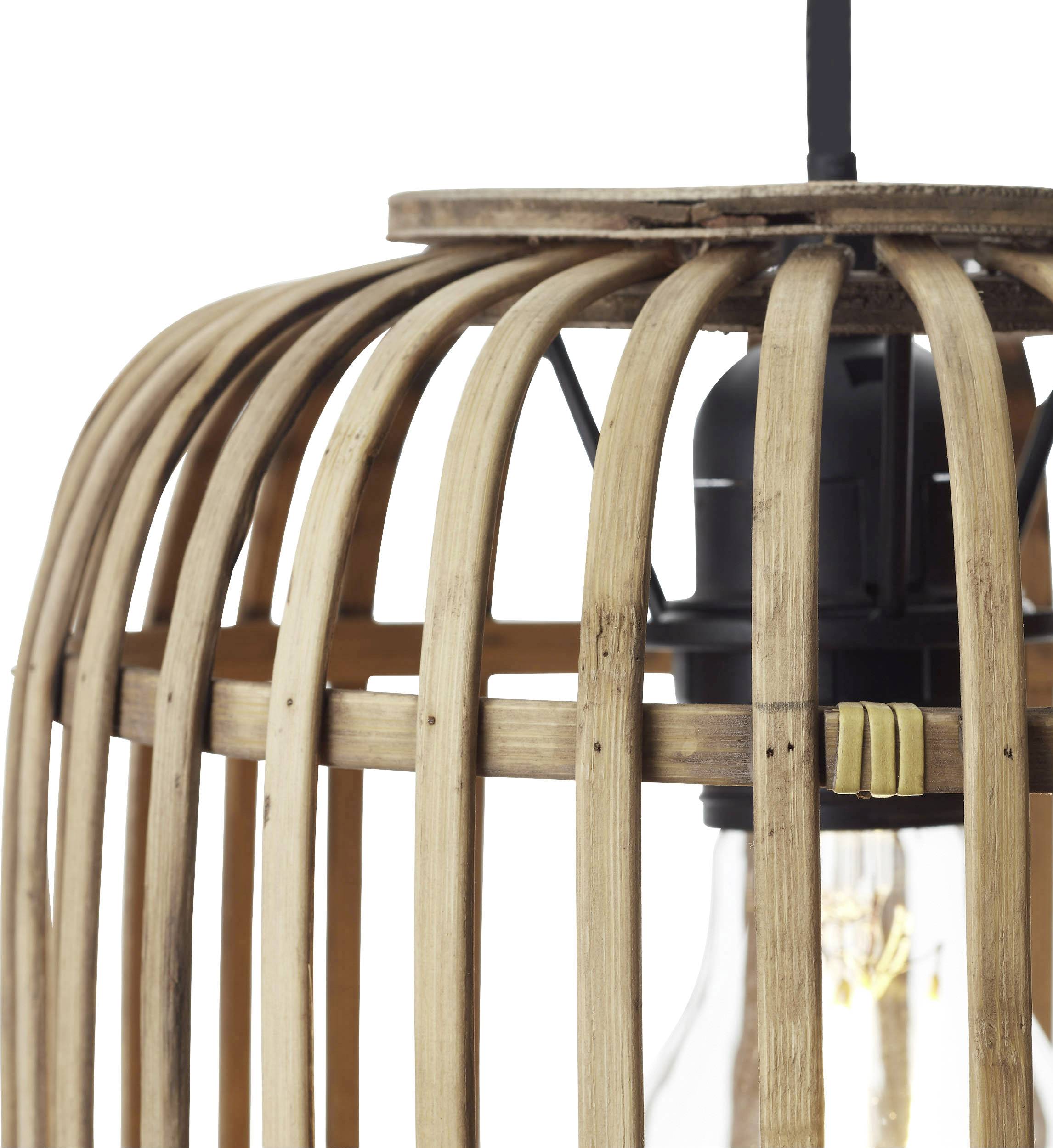 Závesná lampa z drevených líšt s viditeľným svetelným zdrojom. Moderný, prírodný štýl v detailnom zábere.
