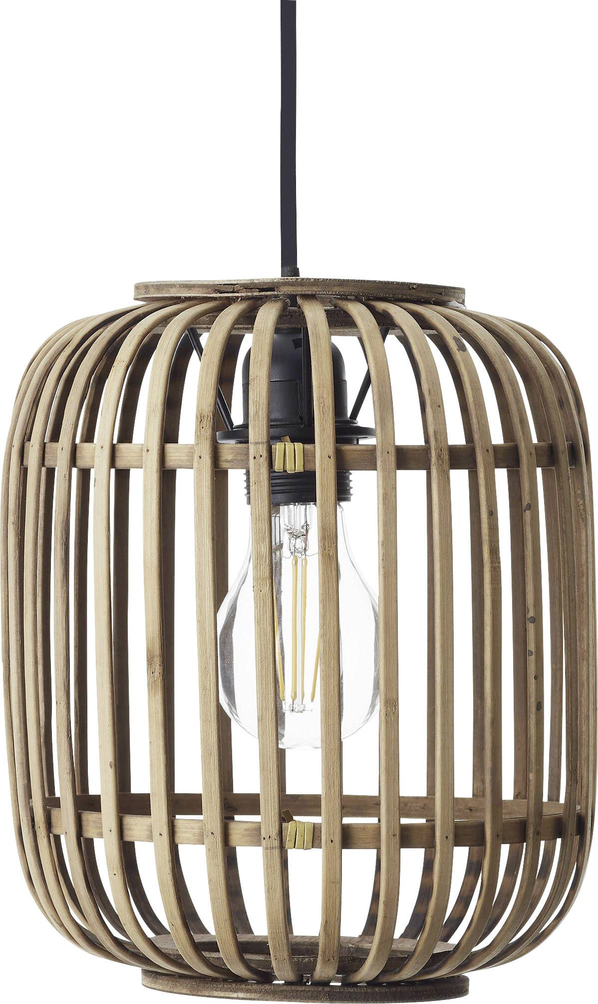 Závesná lampa s otvoreným dreveným klietkovým dizajnom odhaľuje vnútri viditeľnú žiarovku.