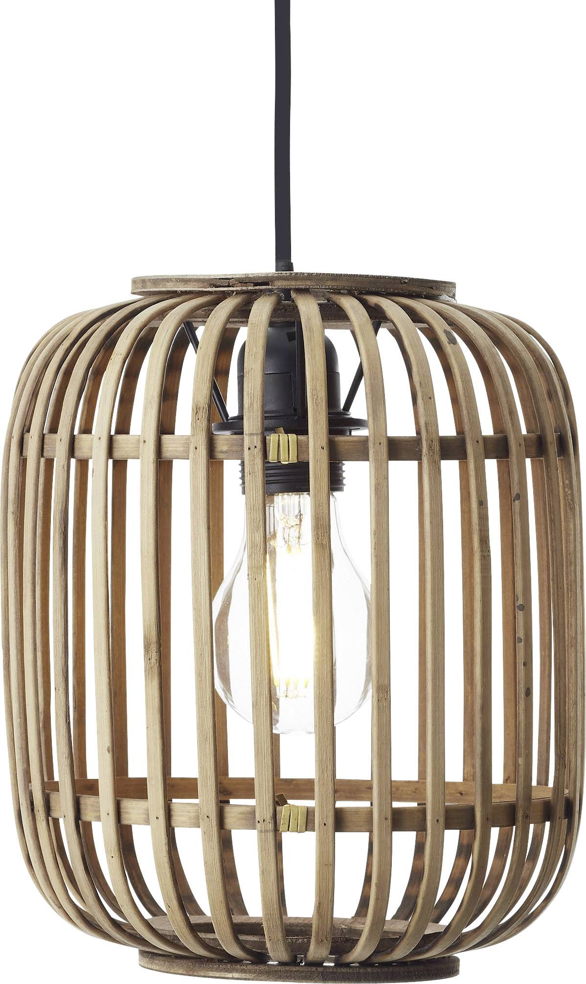 Drevená lampa so viditeľnou žiarovkou v okrúhlom, otvorenom laminákovom dizajne. Zavesené upevnenie s čiernym káblom.