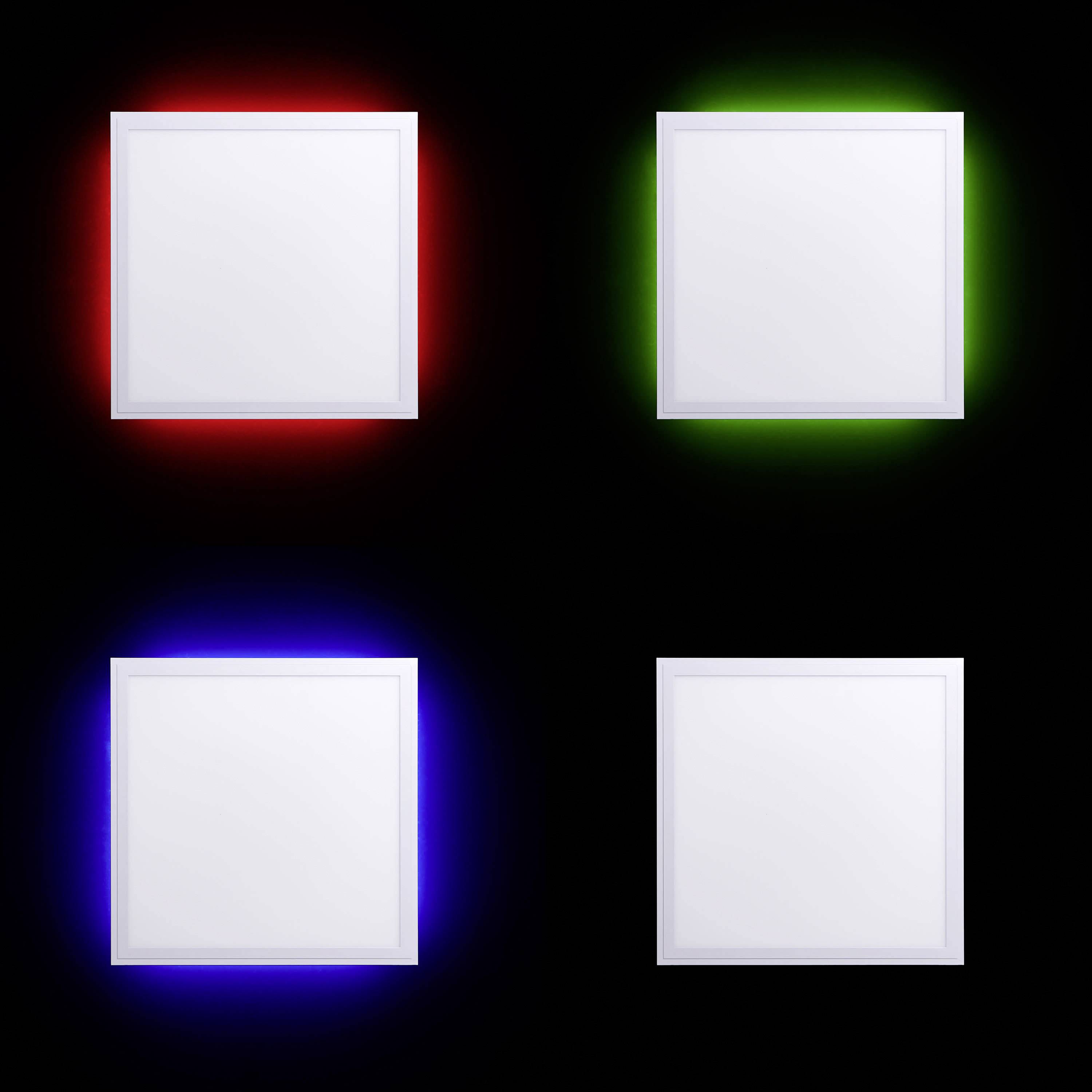 Štyri štvorcové panely na čiernom pozadí, zhora vľavo do spodnej pravej strany: červenavo svietiaci, zelenkavo svietiaci, modro svietiaci, bez svietenia.