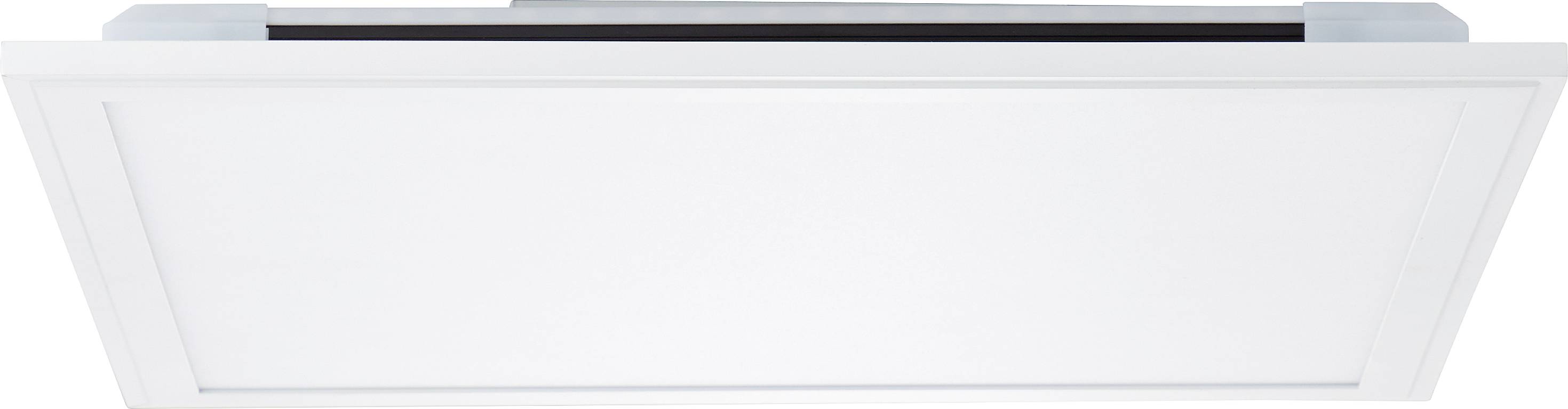 Obdĺžnikový LED panel s bielym rámom, namontovaný na strope, rovnomerne vyžarujúci svetlo.