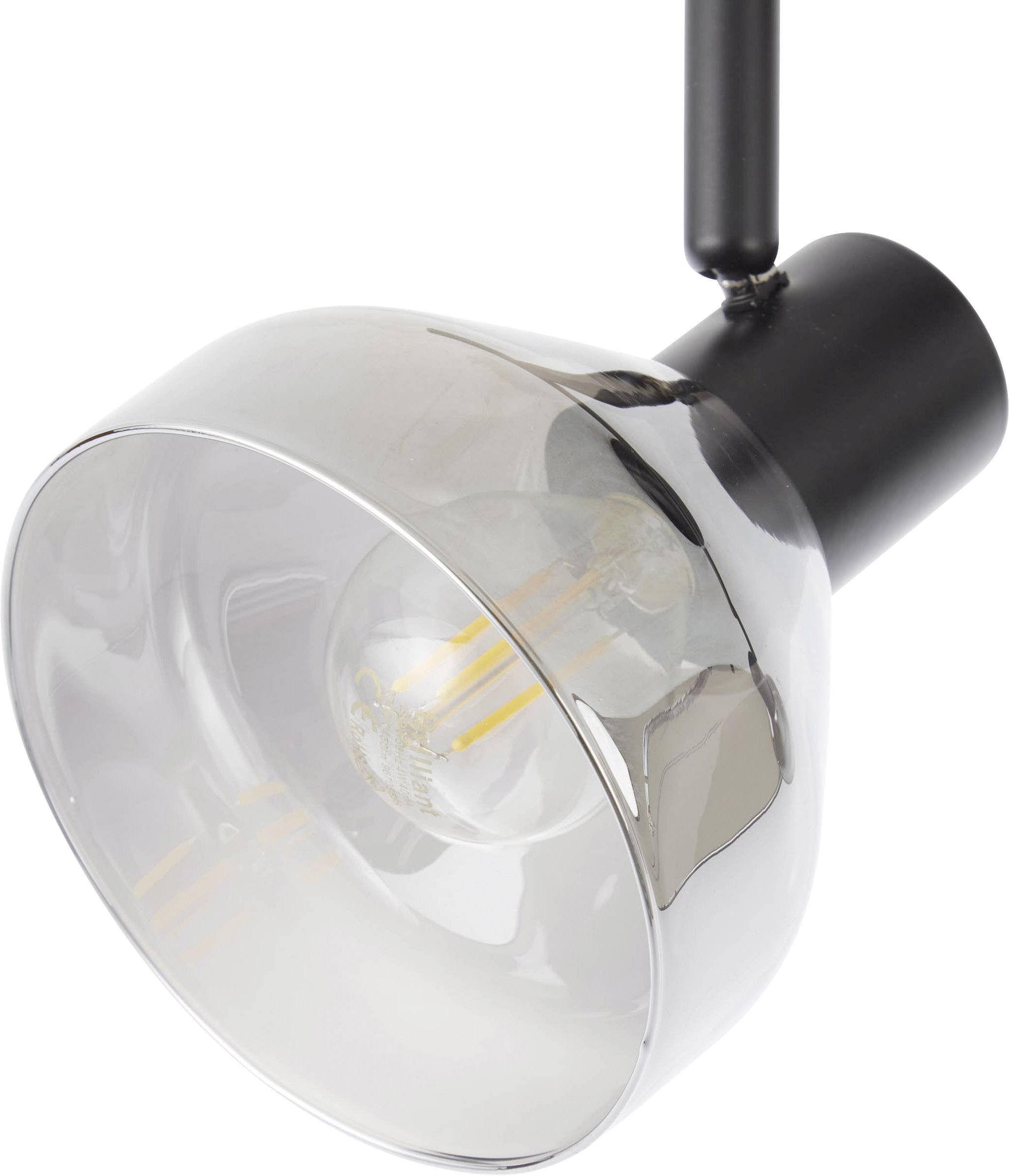 Kovová stropná lampa s priehľadným skleneným tienidlom. Viditeľná žiarovka vo vnútri.