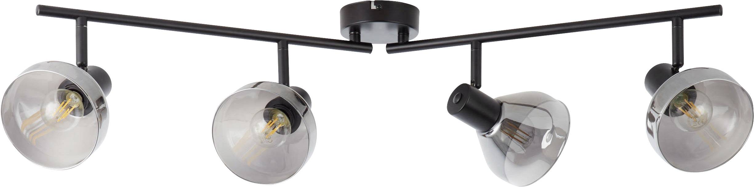 Štvorramenný stropný reflektor v čiernej a sivej farbe s nastaviteľnými LED lampami pre cielenú svetelnú atmosféru v moderných obytných priestoroch.