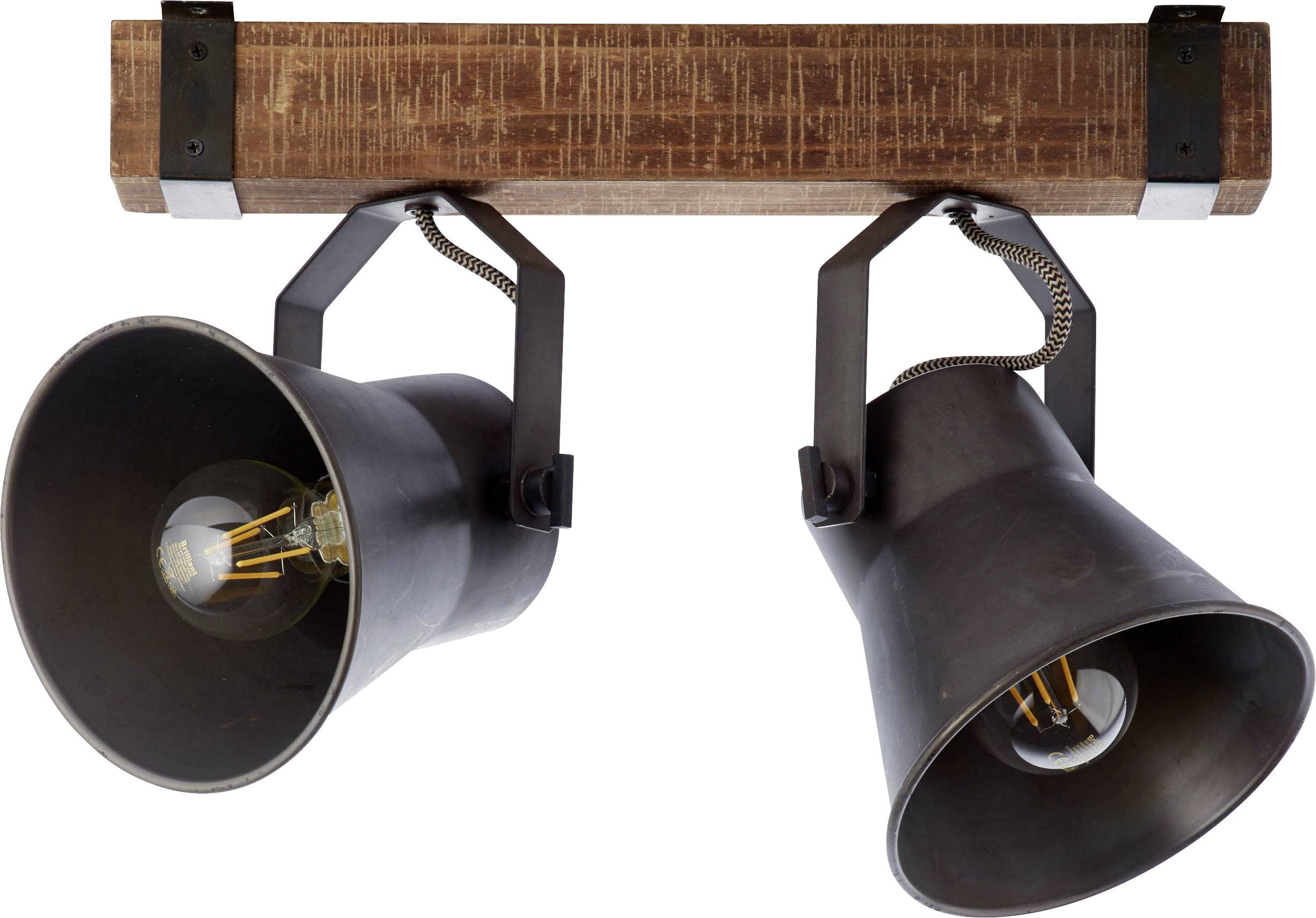 Dve priemyselne navrhnuté lampy s hnedým dreveným držiakom a kovovými úchytmi. Obsahujú viditeľné žiarovky.