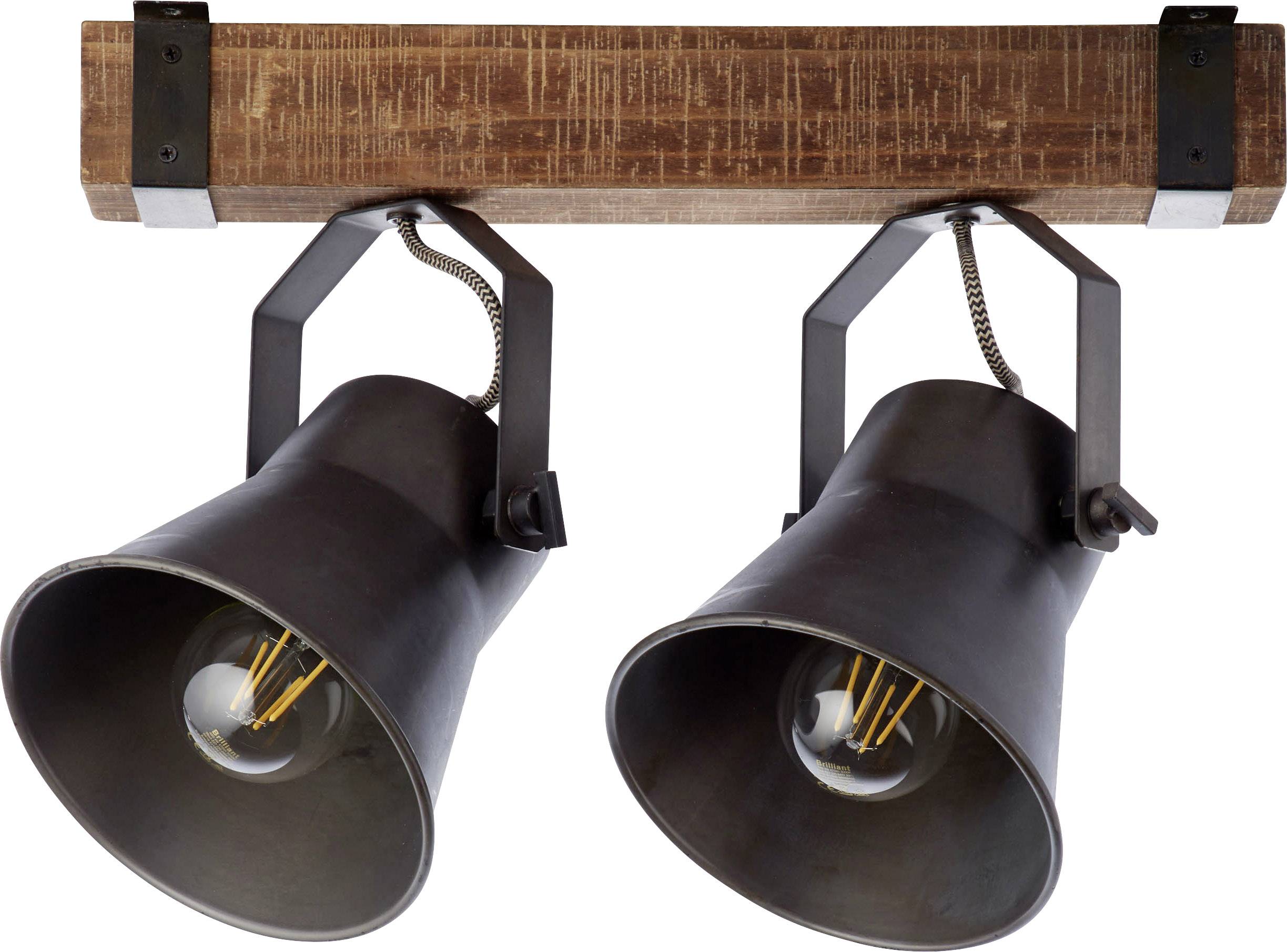 Dve čierne, kónické stropné svietidlá namontované na drevenom moste; industriálny štýl so viditeľnými žeravými vláknami.