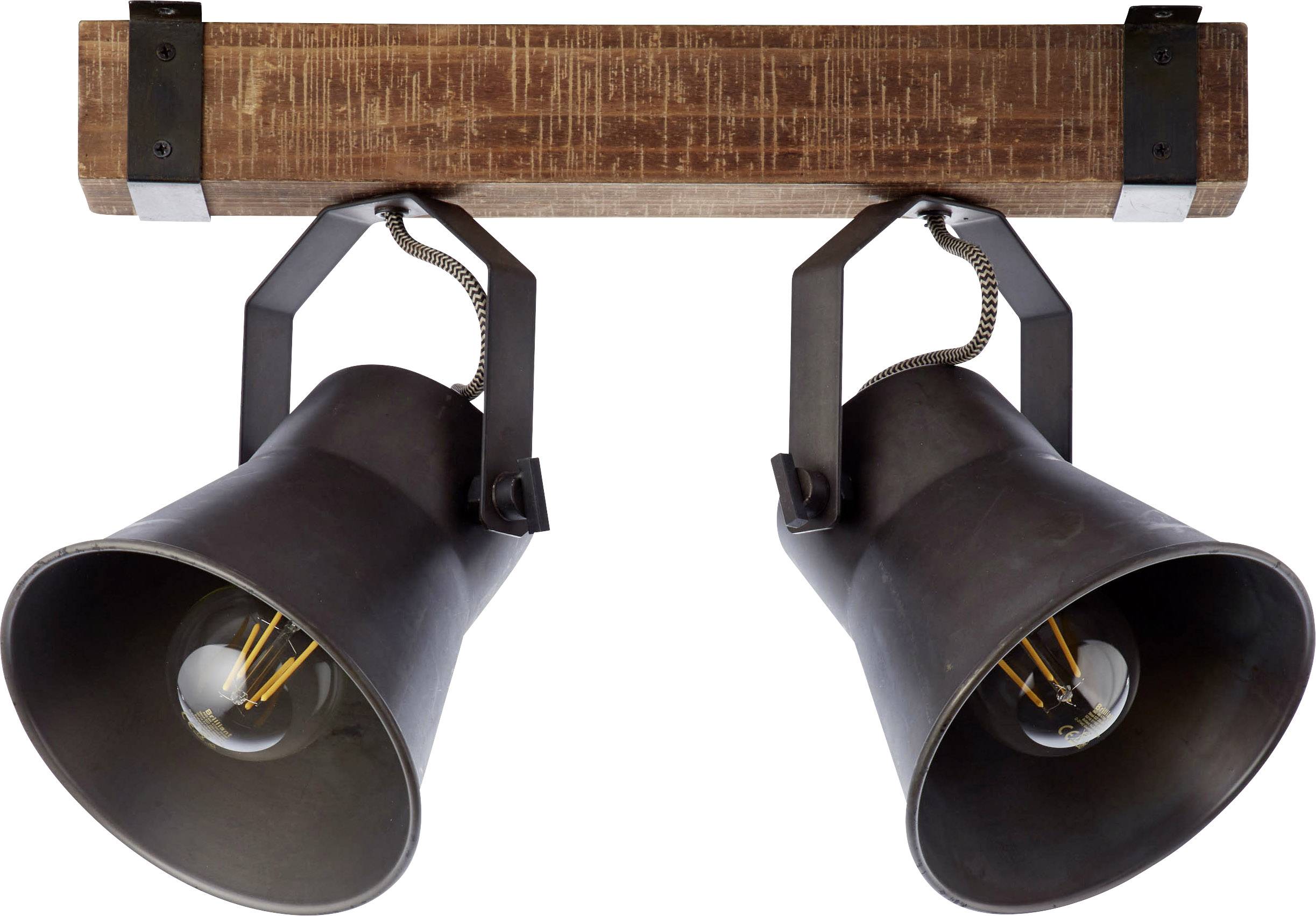 Dva čierne kovové reflektory sú zavesené na hnedej drevenej lište.