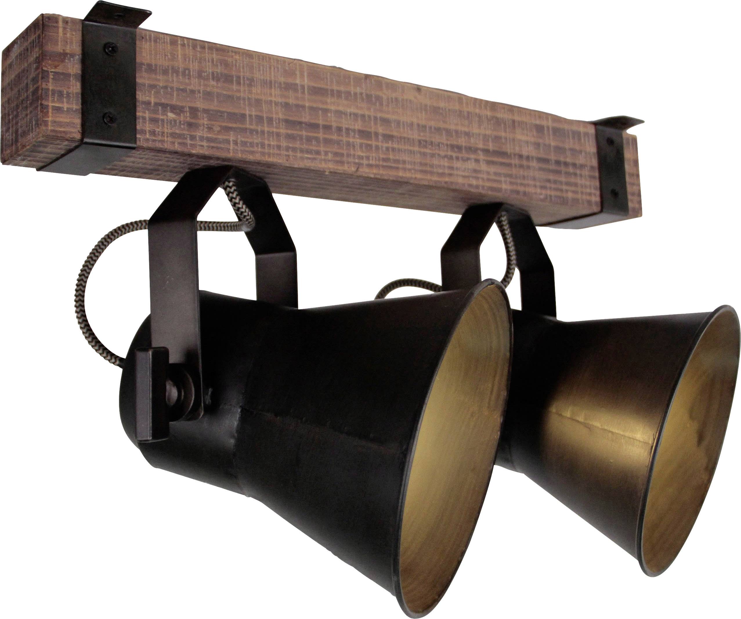 Dva priemyselné nástenné svietidlá s kovovými objímkami a dreveným držiakom, ideálne pre rustikálne alebo moderné priestorové riešenia.