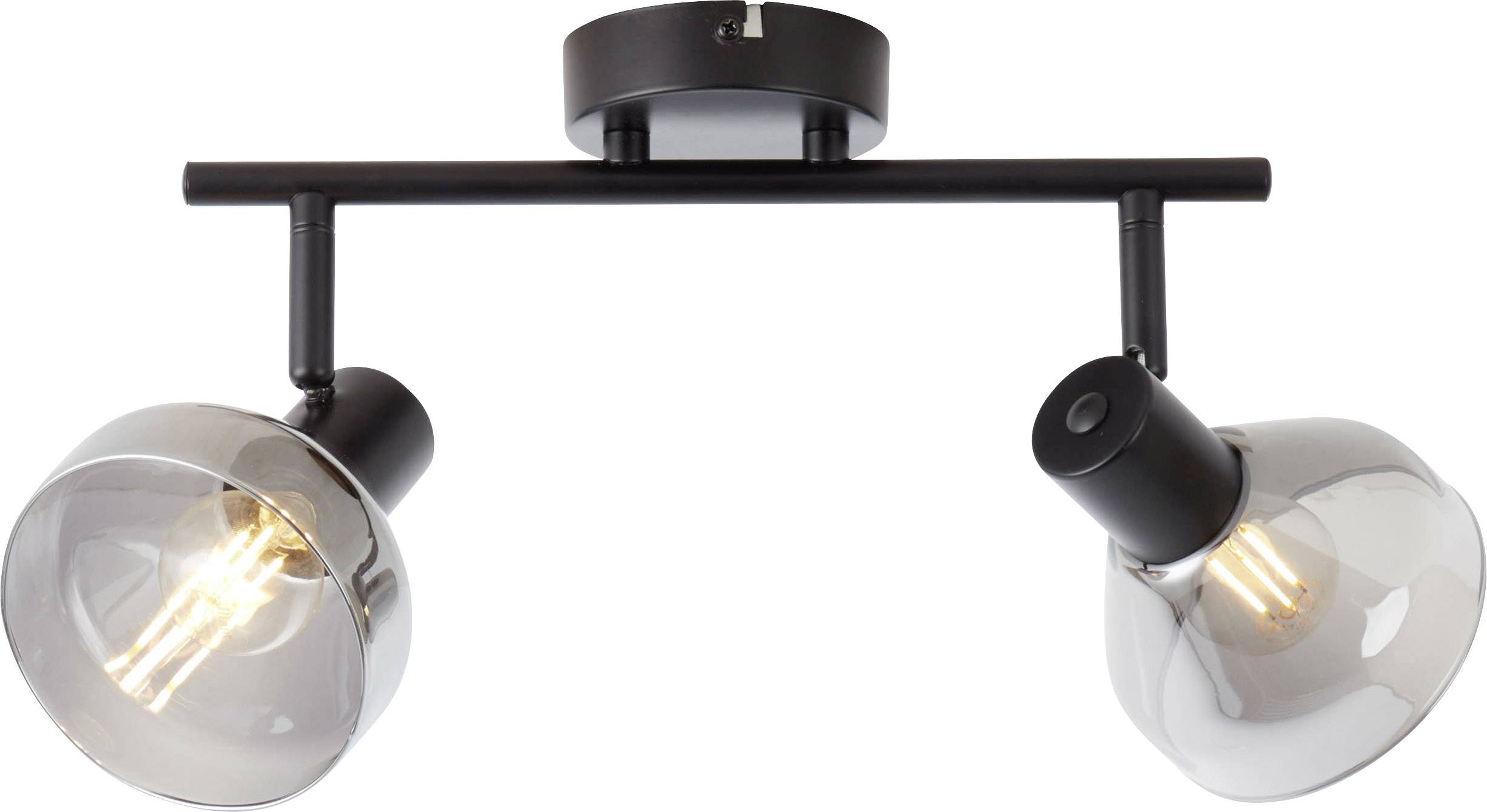 Stropné svietidlo s dvoma nastaviteľnými svetlometmi v priesvitno-čiernych sklených kúpeľoch, upevnené na čiernej kovovej tyči.