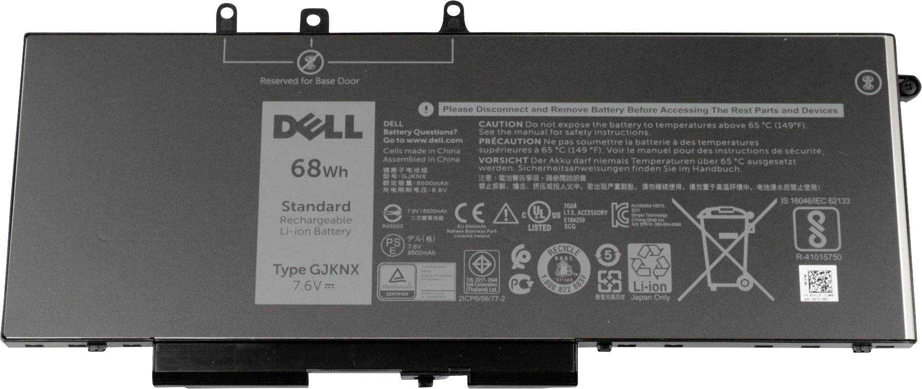 Akumulátor s kapacitou 68 Wh pre laptopy, s bezpečnostnými pokynmi, napätím 7,6 V a rôznymi symbolmi pre použitie a likvidáciu.