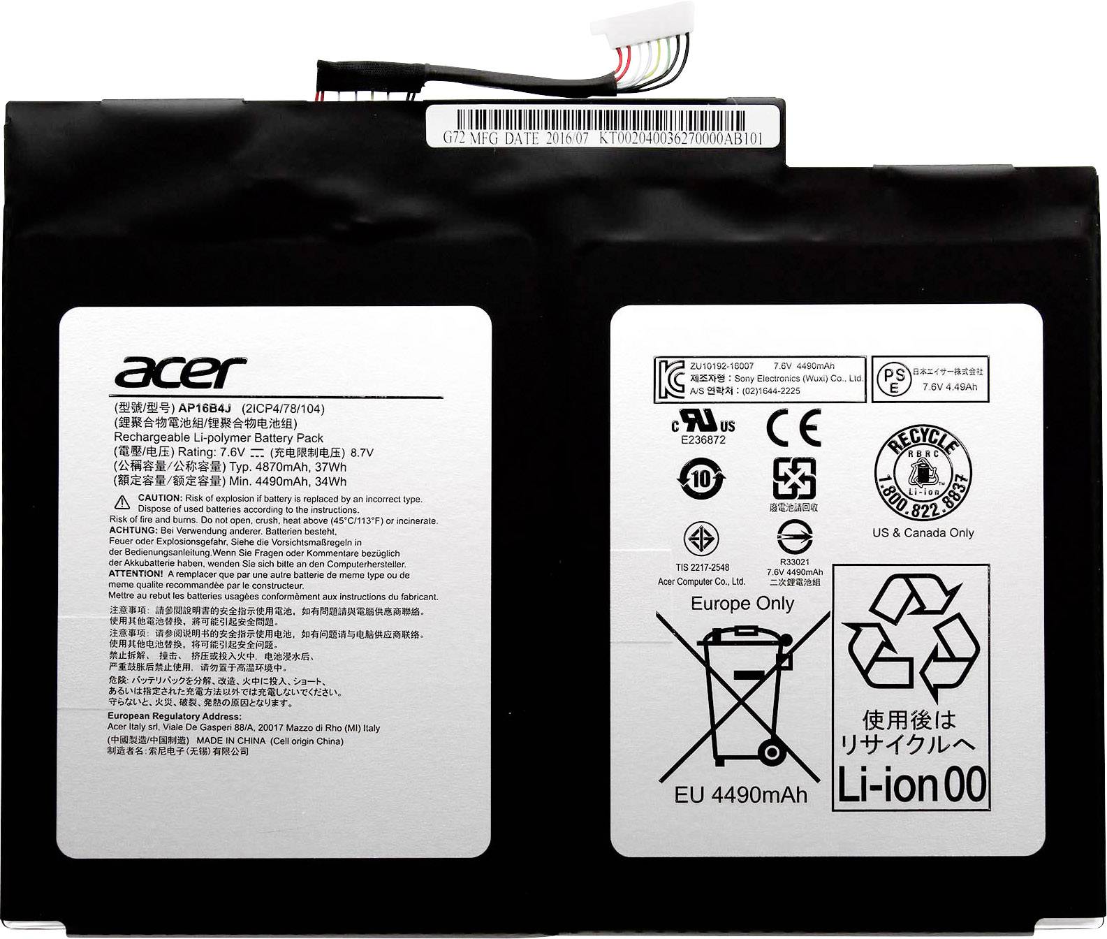 Notebook akumulátor Acer so špecifikáciami: 11,4V, 36Wh. Obsahuje symboly pre recykláciu a bezpečnostné upozornenia. Model: AP16M4J.