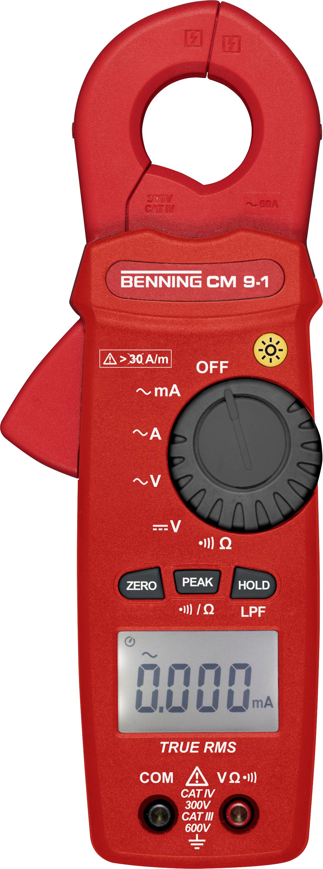 Červený multimeter kliešťový s displejom so zobrazením '0.000 mA'. Označenie: 'Benning CM 9-1', symboly pre napätie a prúd, merací rozsah do 30 A.