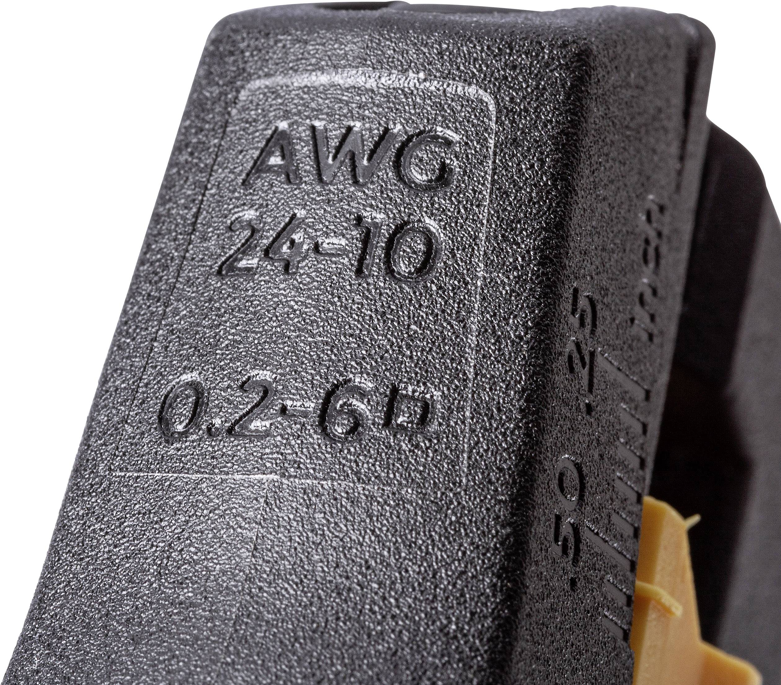 Detailný záber nástroja s nápisom 'AWG 24-10' a '0.2-6'. Nástroj pravdepodobne slúži na odstraňovanie izolácie z káblov.