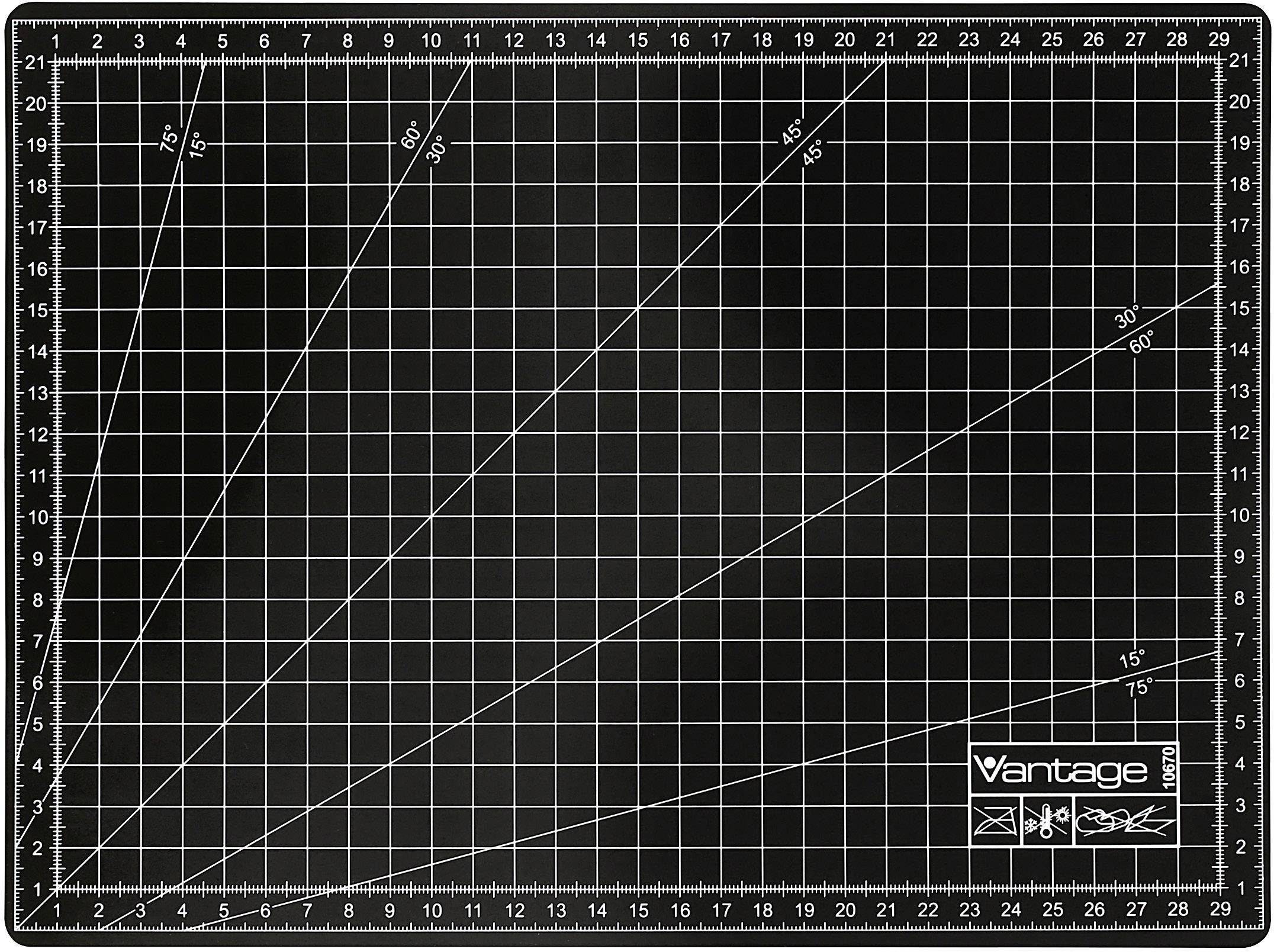 Rezacia podložka s mriežkou a uhlovou stupnicou, logo Vantage v pravom dolnom rohu. Zobrazuje centimetrové miery na okrajoch.