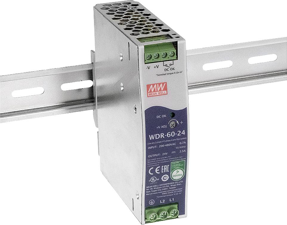 MW Mean Well WDR-60-24 Alimentatore per guida DIN 24 V/DC 2.5 A 60 W Num. uscite:1 x Contenuto 1 pz.