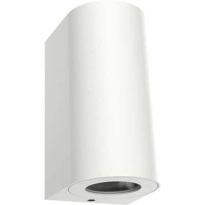 Biela valcovitá nástenná lampa so svetelným zdrojom smerujúcim nadol, vhodná do moderných interiérov.