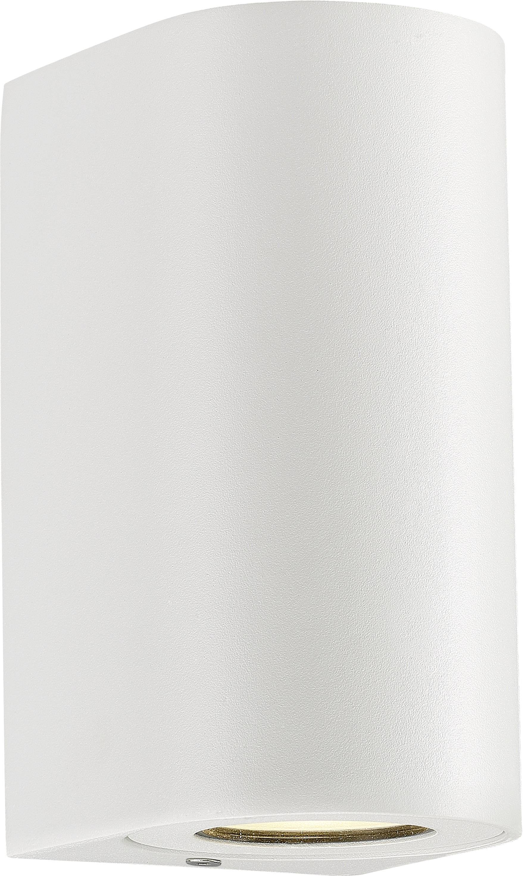 Biela valcovitá nástenná lampa so zaobľovaným dizajnom a svetelným lúčom smerujúcim nadol.