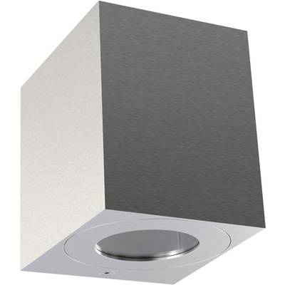 Nástenné vonkajšie svietidlo v tvare kocky s sivým povrchom a strieborným okrajom. Lampa je smerovaná smerom nadol.