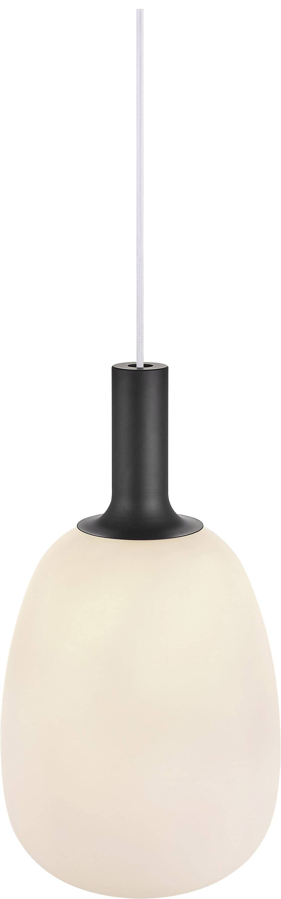 Moderná, vajcovitá závesná lampa s bielym tienidlom a čiernym držiakom, zavesená na bielom kábli.