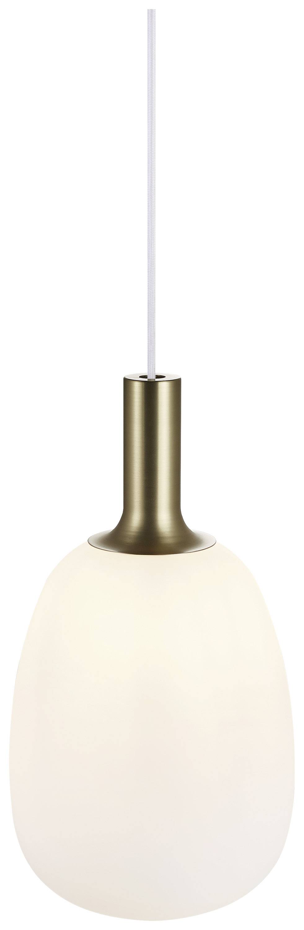 Závesná lampa s bielym, oválnym skleneným tienidlom a kovovým podstavcom v bronzovom prevedení.