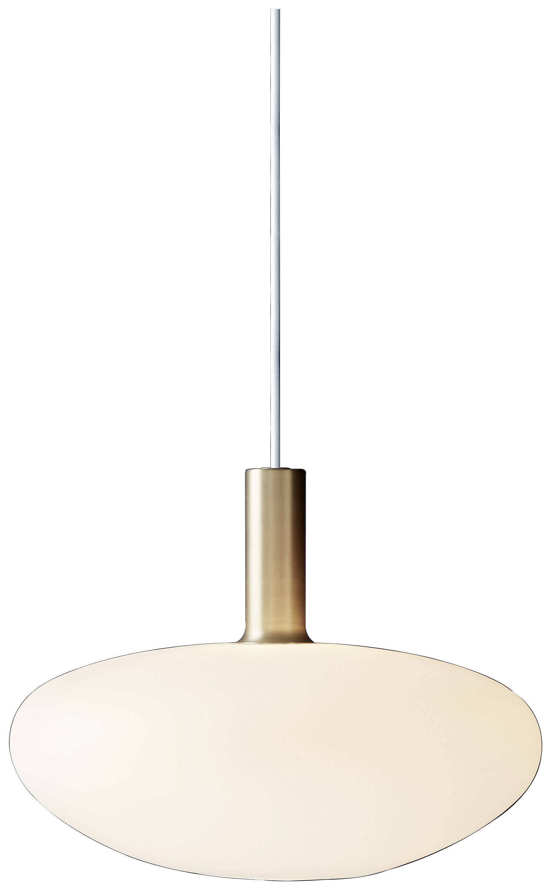 Moderná závesná lampa s bielym, oválnym tienidlom a bronzovou základňou, zavesená na bielom kábli.