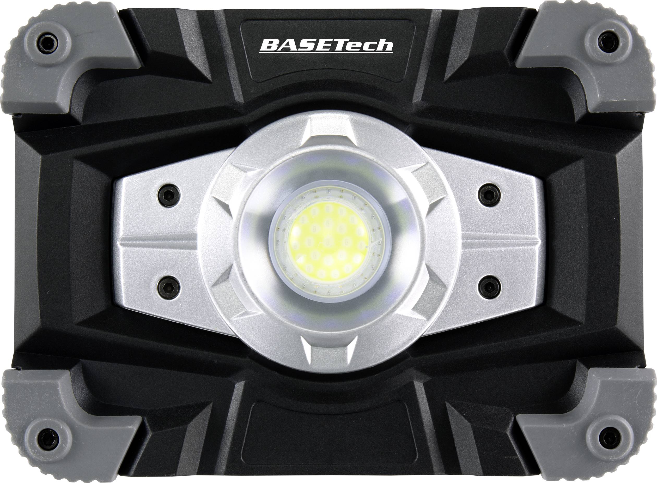 Čierny LED reflektor so sivými akcentmi a centrálne umiestneným svetlom. Značka 'BASETech' viditeľná hore.