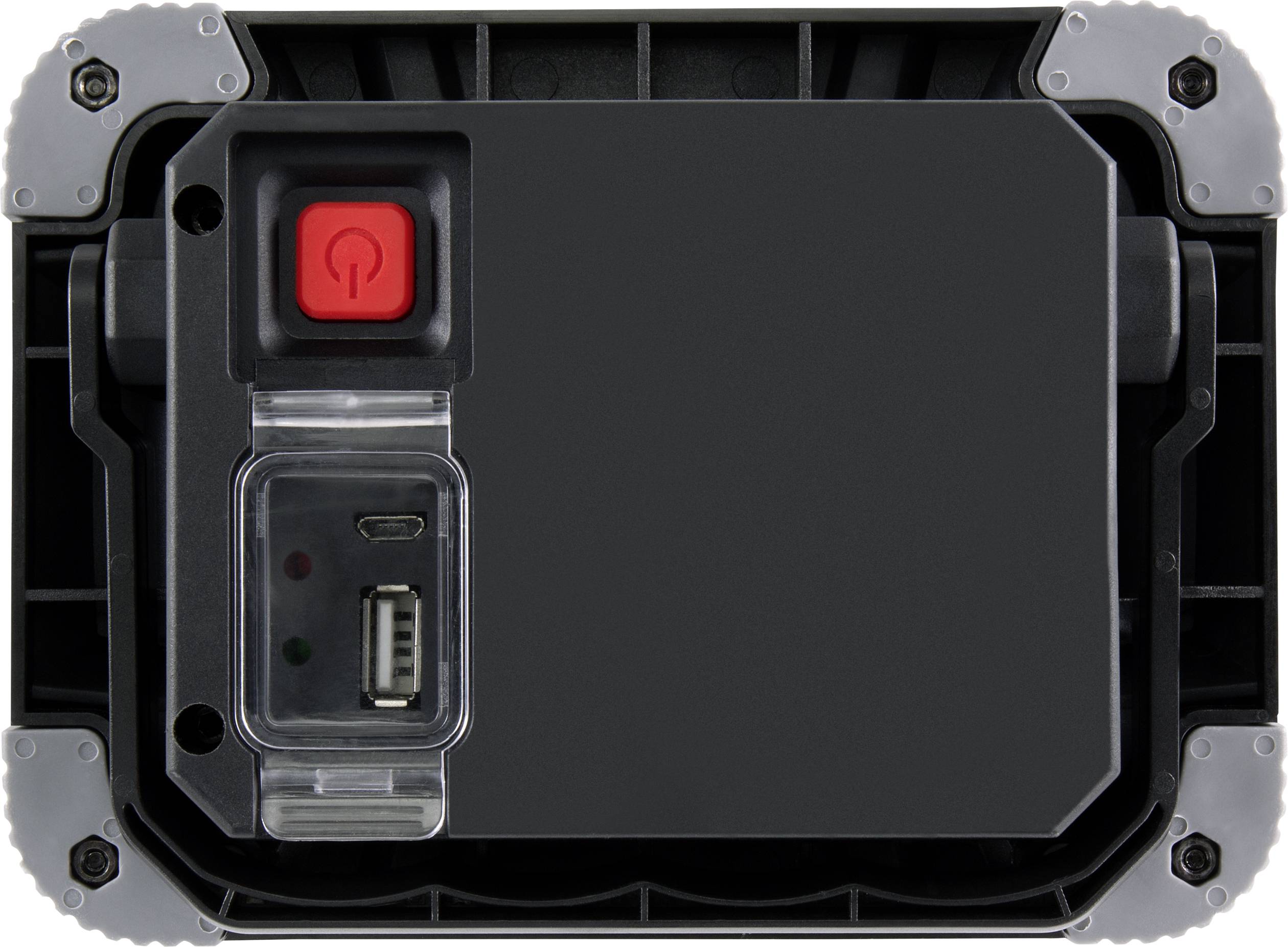 Zadná strana čierneho zariadenia s červeným tlačidlom zapnutia/vypnutia a USB portami, obklopená šedým rámikom.