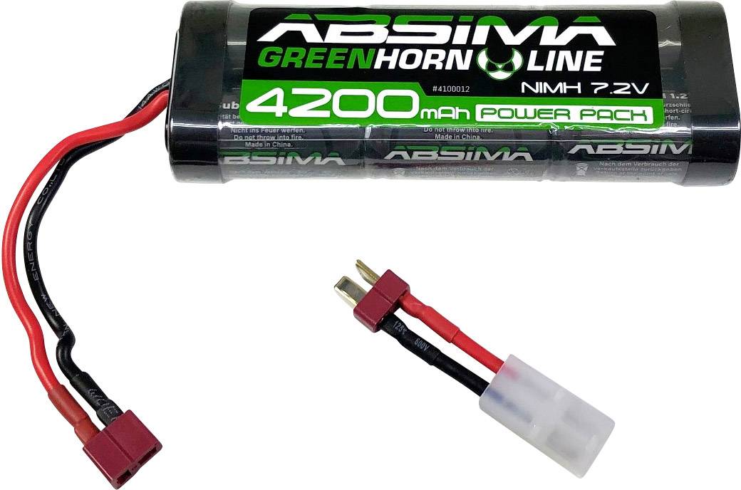 NiMH akumulátor Absima, línia Greenhorn, 7,2 V, 4200 mAh. Čierne puzdro s červenými a čiernymi pripájacími káblami.