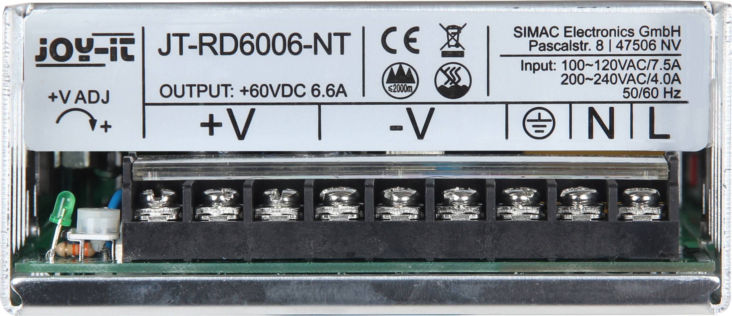 Napájací modul 'JT-RD6006-NT', zobrazuje svorky: '+V', '-V', 'I', 'N', 'L'. Vstupy: 100–120VAC/7,5A, 200–240VAC/4,0A pri 50/60Hz, výstup: +60VDC 6,6A.