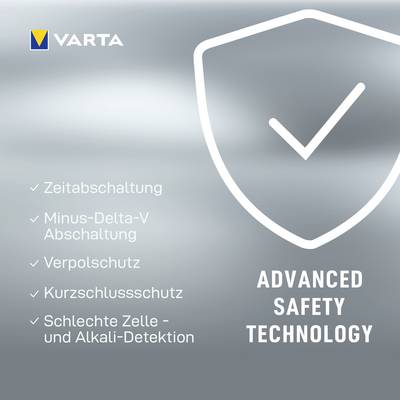 Logo VARTA v ľavom hornom rohu; veľký háčik v štíte vpravo. Text: 'POKROČILÁ BEZPEČNOSTNÁ TECHNOLÓGIA'. Vľavo: Zoznam bezpečnostných prvkov.
