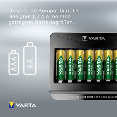 'Batérie VARTA v nabíjačke. Text: Univerzálna kompatibilita - najpožadovanejšie veľkosti batérií.'