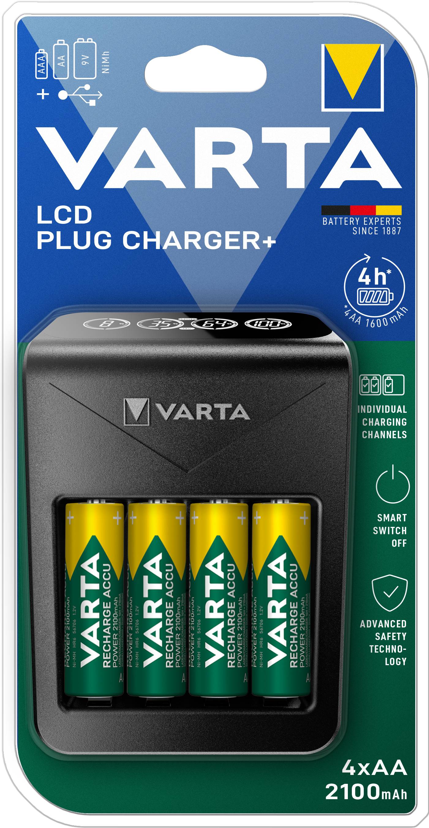 Nabíjačka batérií 'VARTA LCD Plug Charger+' so štyrmi dobíjateľnými batériami AA, 2100 mAh. Obal zobrazuje nabíjačku a batérie.