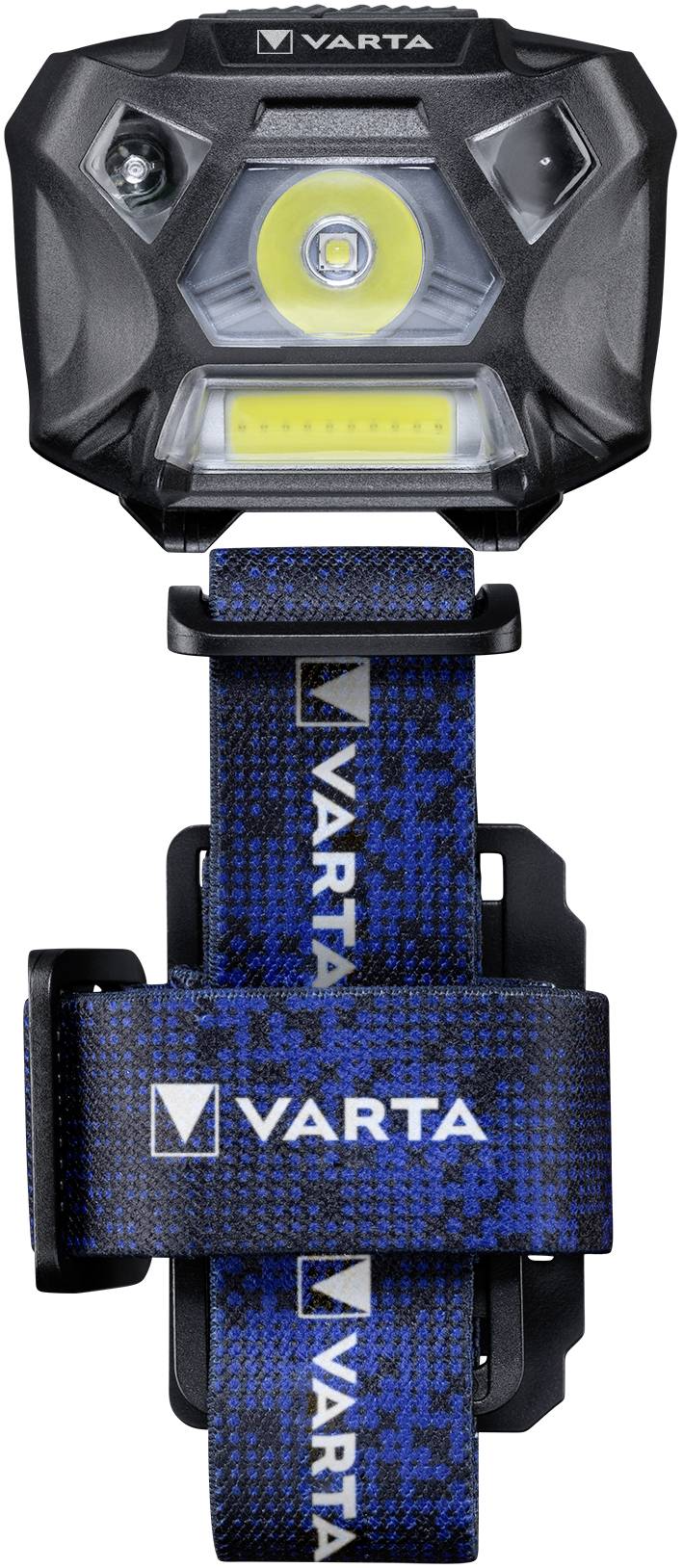 Čierna a modrá čelovka značky Varta s nastaviteľným popruhom a jasným LED svetlom, ideálna pre outdoorové aktivity.