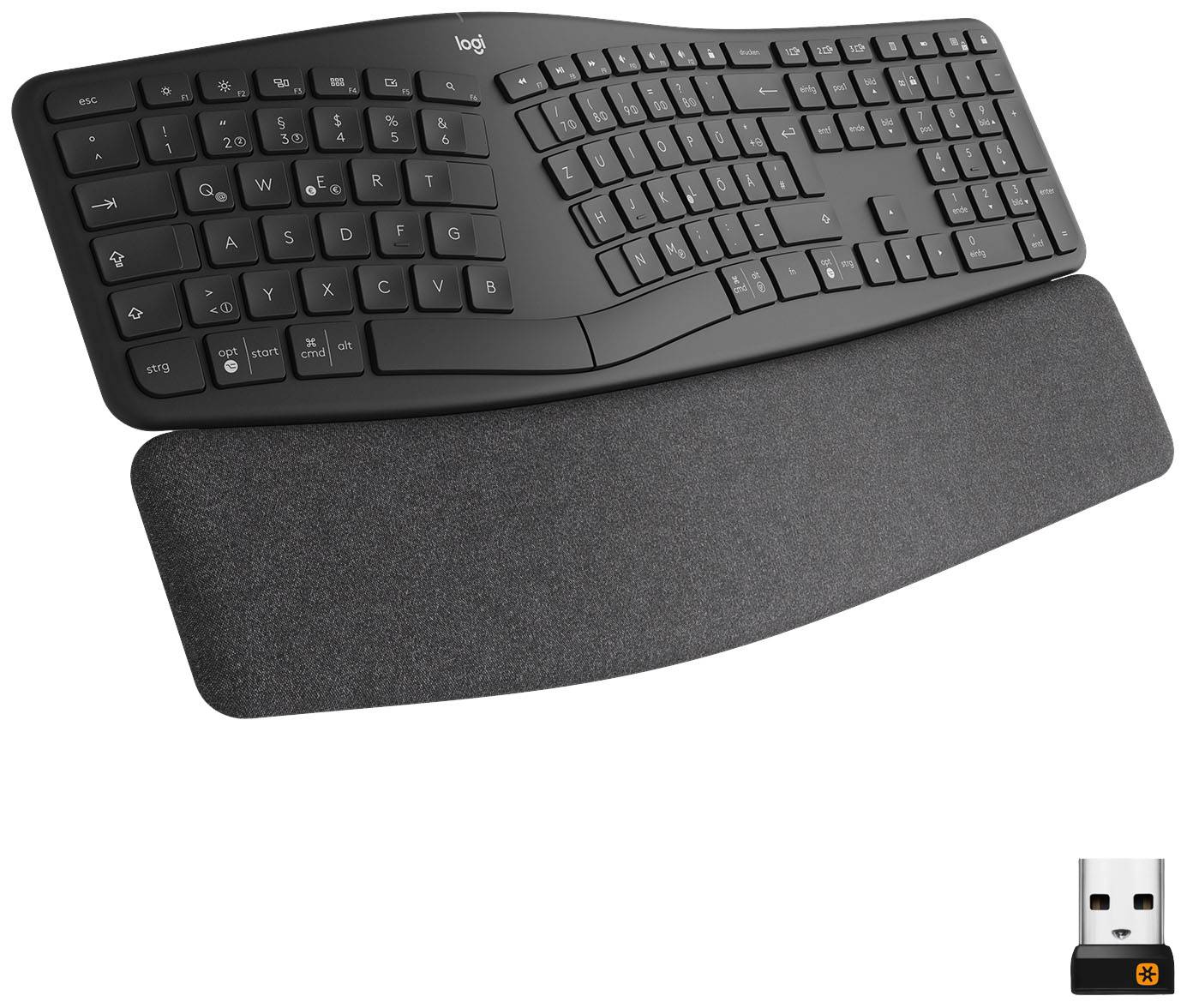 Logitech ERGO K860 Senza fili Tastiera Tedesco, QWERTZ Nero Tastiera separabile, Ergonomico, Appoggio, Anti-sporco