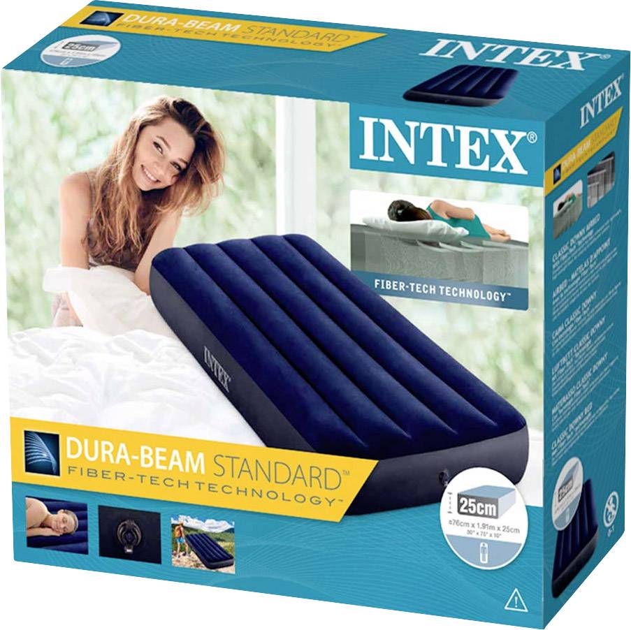Obal nafukovacej matrace 'Intex Dura-Beam Standard'. Zobrazuje modré jednolôžko s technológiou 'Fiber-Tech Technology'. Výška 25 cm.