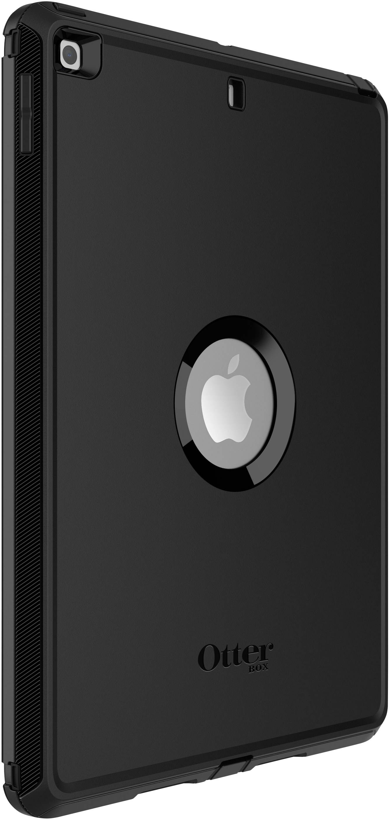 Čierne puzdro na iPad s logom Apple v strede, robustný dizajn od OtterBoxu na ochranu zariadenia.