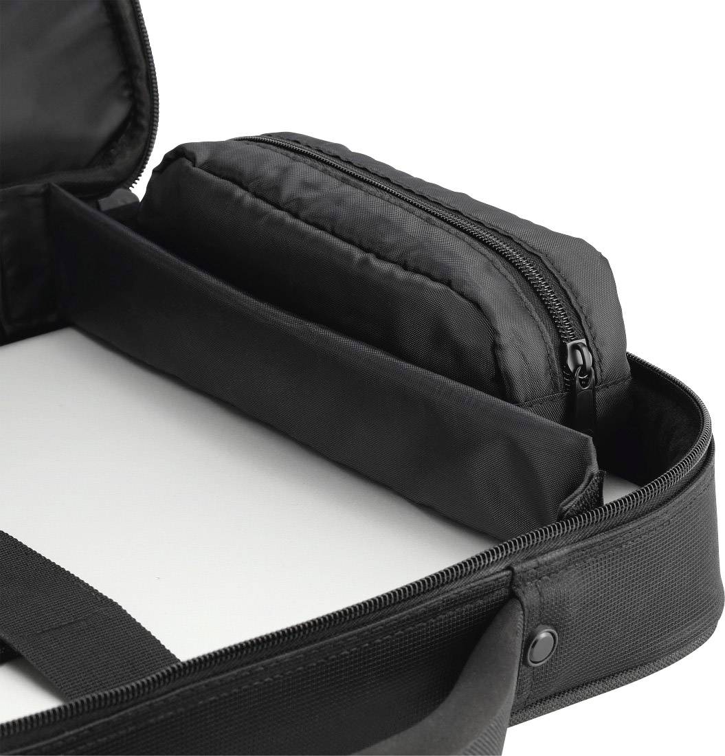 Čierny kufor s malou otvorenou taškou, ktorá odhaľuje vypchané puzdro. Vnútorný priestor je navrhnutý pre notebook.