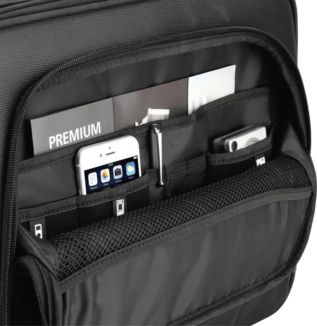 Otvorená taška odhaľuje usporiadané priehradky s dokumentmi a rôznymi elektronickými zariadeniami, ako je smartfón.