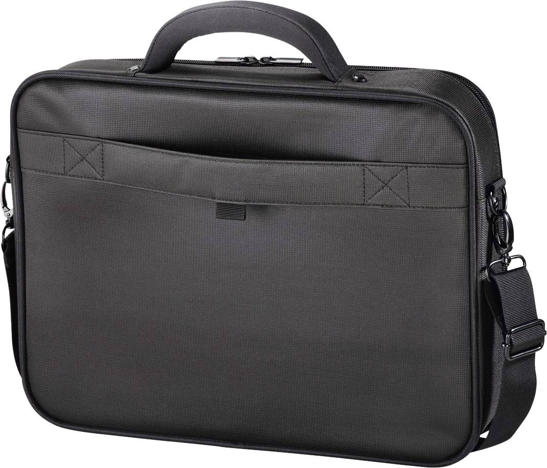 Čierna laptopová taška s rukoväťou a ramenným popruhom. Na prednej strane má vonkajšie vrecko.