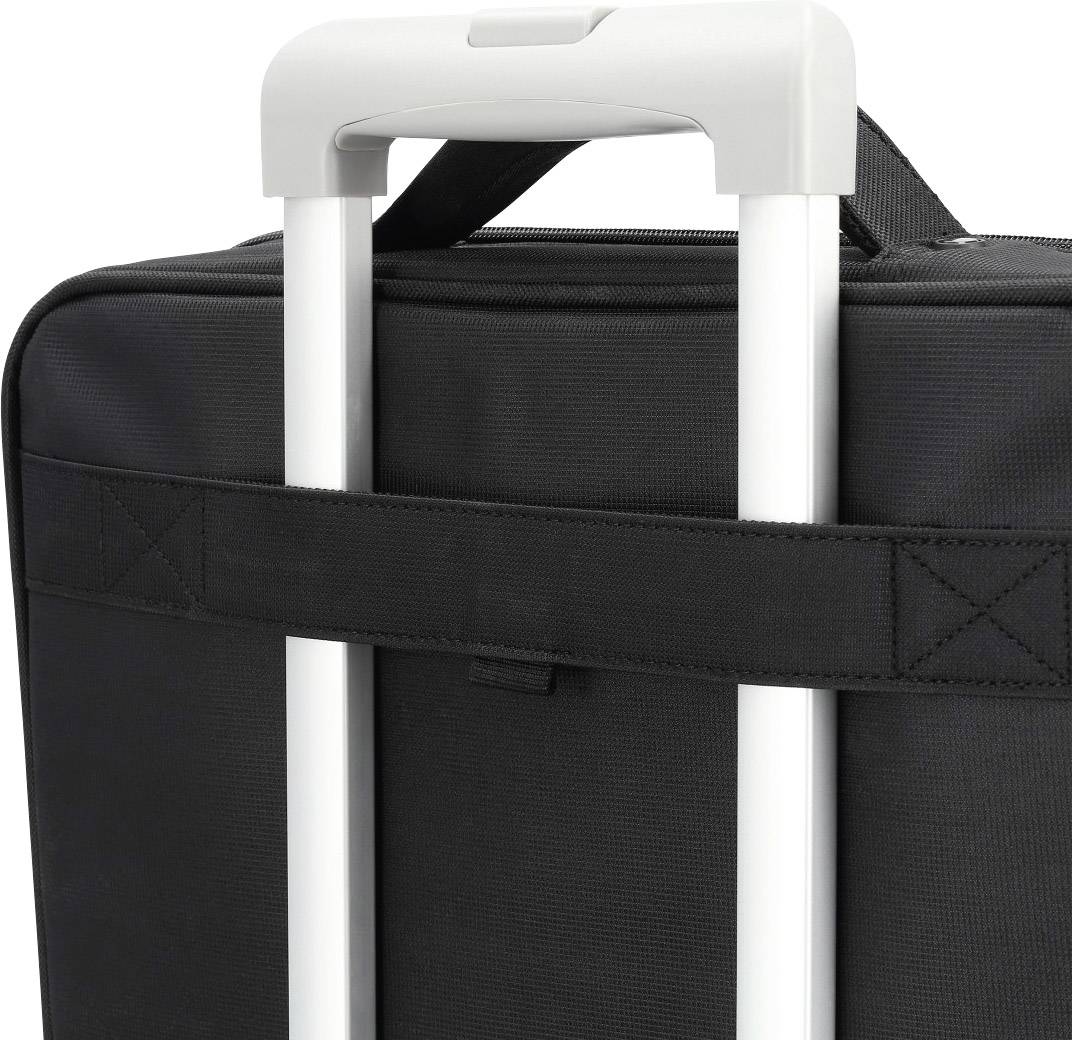 Čierny kufor so vytiahnutou bielou rukoväťou, stojaci vzpriamene.