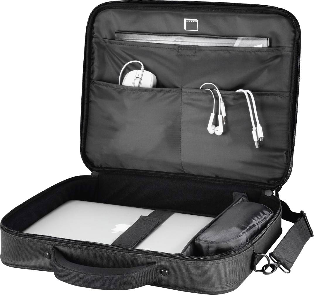 Otvorená čierna taška na notebook odhaľuje notebook v hlavnom priestore a príslušenstvo ako nabíjačka a slúchadlá v predných vreckách.