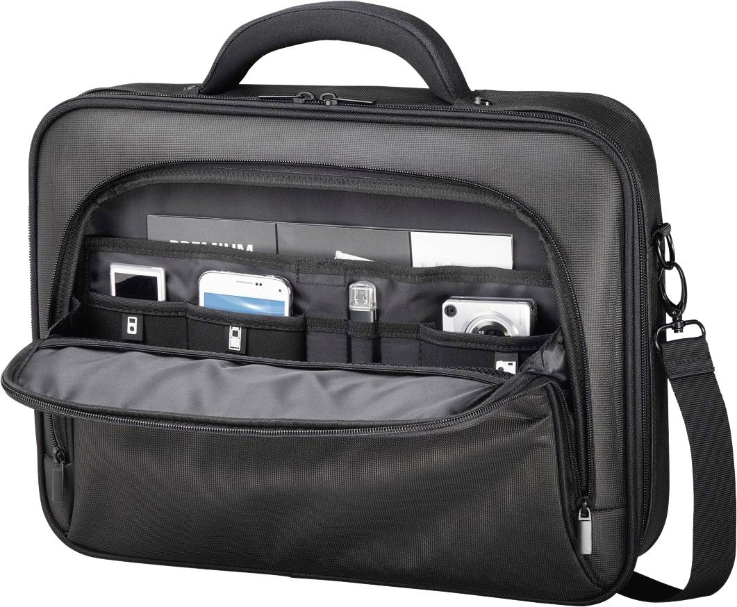 Čierna aktovka s otvorenou prednou kapsou zobrazuje niekoľko priehradiek, ktoré organizujú smartfón, nabíjačku a perá.