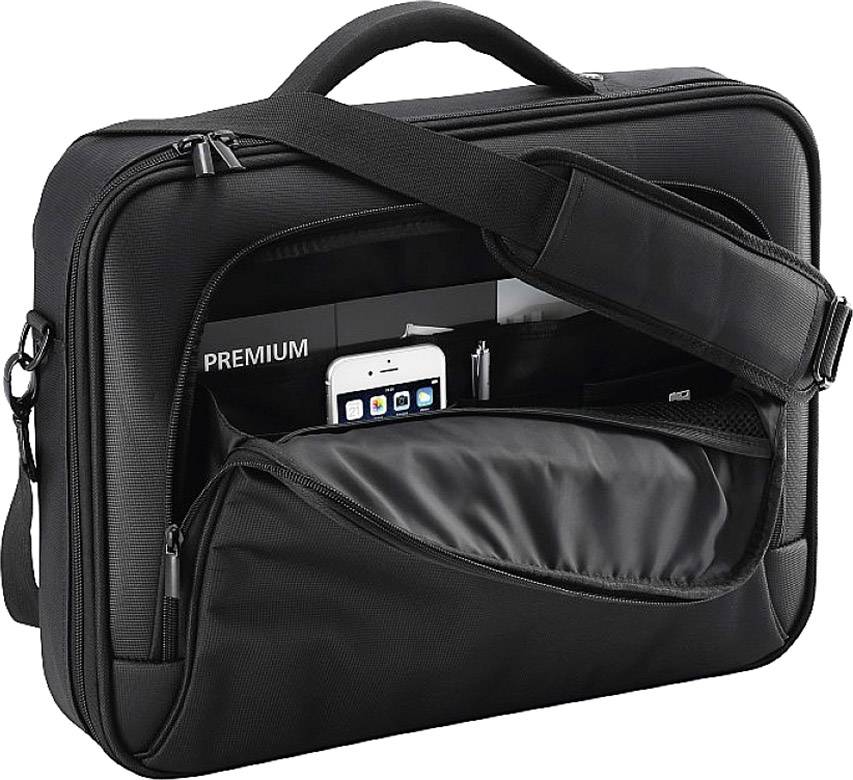 Čierna taška na notebook s predným vreckom, otvorená so zobrazeným smartfónom a držiakom na pero.