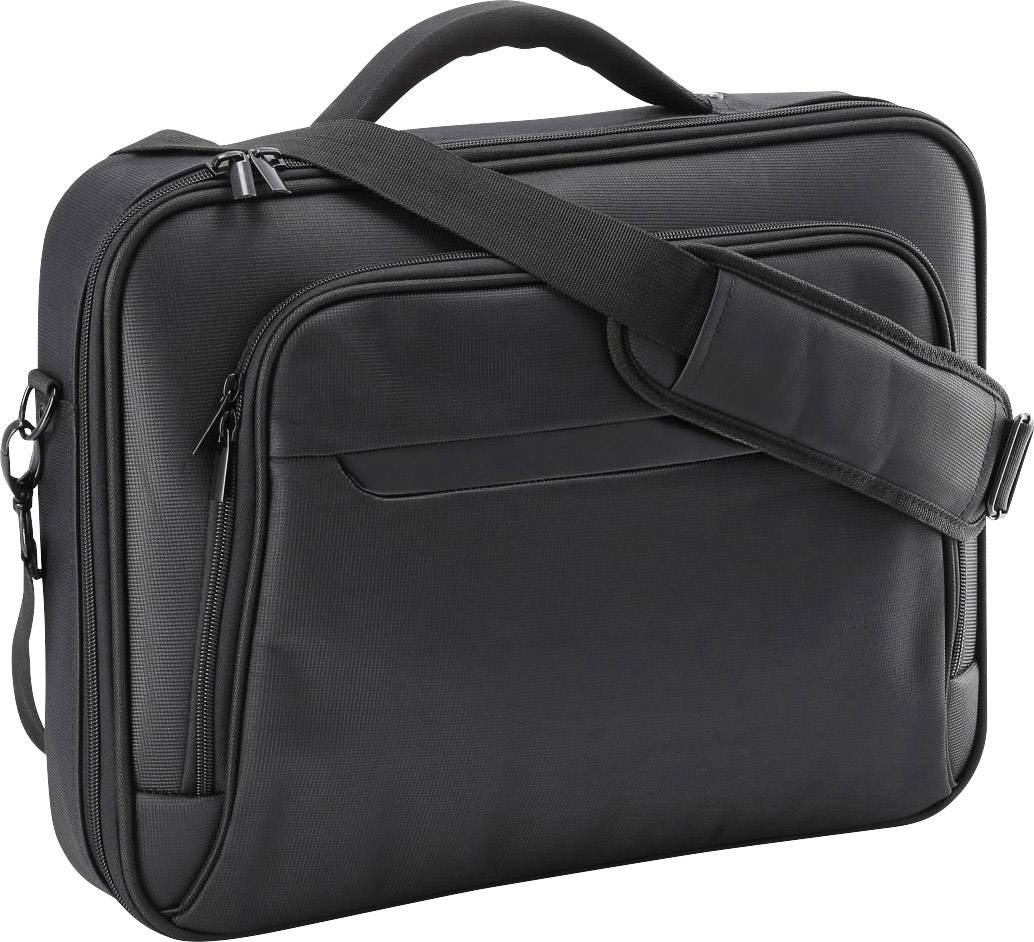 Čierna taška na notebook so zipsom, držadlom a ramenným popruhom, vhodná na prenášanie elektroniky a kancelárskych potrieb.