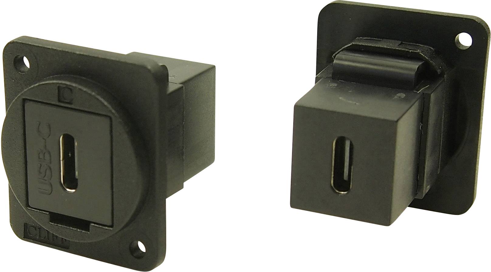 'Dva čierne USB-C konektory v obdĺžnikových schránkach, jeden čelne, druhý viditeľný z boku.'