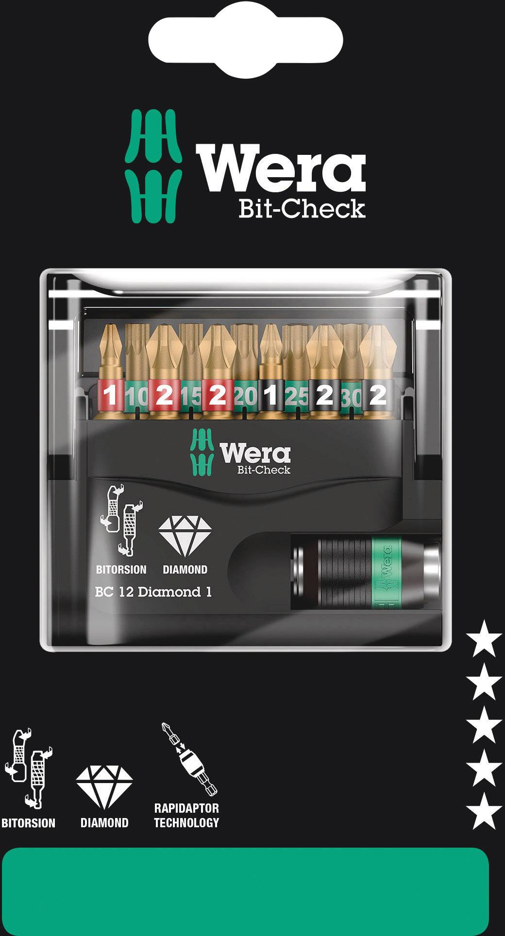 Sada Wera Bit-Check 12 Diamond 1 obsahuje 12 skrutkovacích bitov v rôznych farbách a veľkostiach, s technológiou diamantového povlaku.